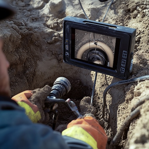 Sewer Camera Inspections Plumber inspecting a sewer line with a video camera