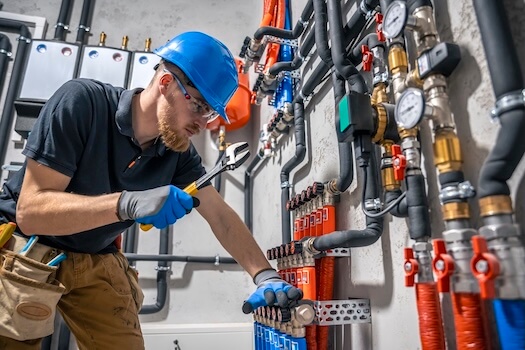 Commercial Plumber Technician Checking Heating System Boiler Room