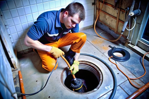 Technician Unclogging Drain with Snake or Plunger