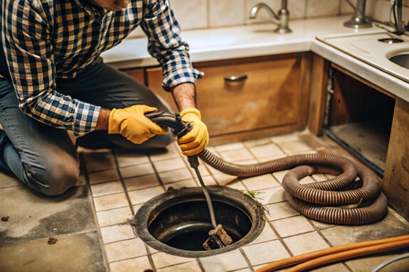 technician-unclogging-drain-with-snake-plunger Drain Snaking Services