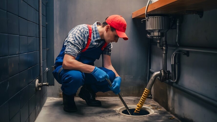 drain-cleaning-plumber-repairing-clogged-grease-trap-with-auger-machine drain cleaning service