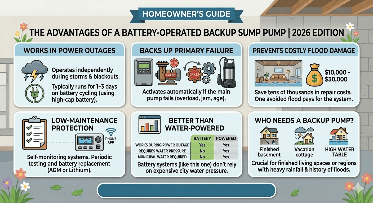 Advantages of Having a Battery-Operated Backup Sump Pump Advantages of Having a Battery-Operated Backup Sump Pump - Homeowners guide