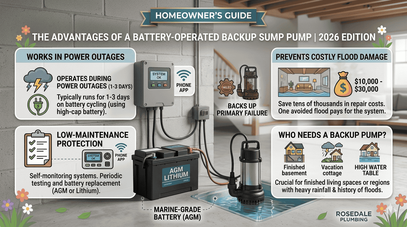 Battery Backup Sump Pump FAQs Everything You Need to Know Battery Backup Sump Pump FAQ | Expert Advice from Rosedale Plumbing